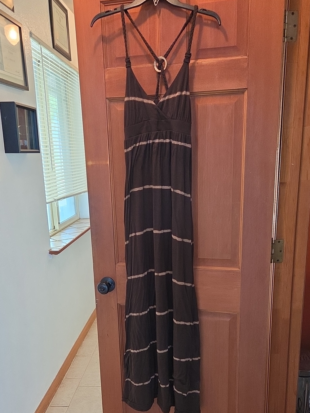 Y2K Mudd Brown Maxi Dress with Beige Stripe and Ring Back